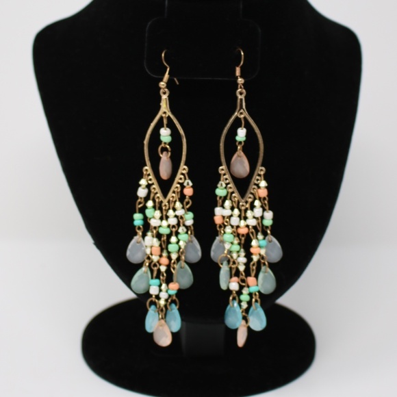NWT Chandelier Earrings in Pastel Tones and Rose Gold Brass Setting‎ Boho - Picture 1 of 3